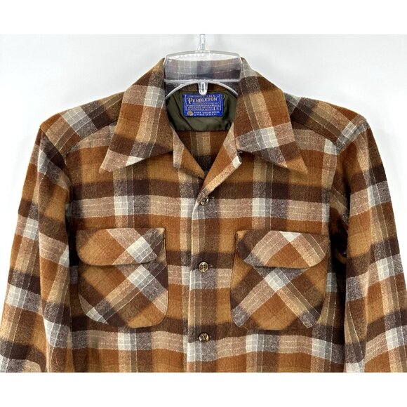 vintage 60s PENDLETON BOARD SHIRT plaid 100% wool long sleeve brown XS S - Picture 2 of 8